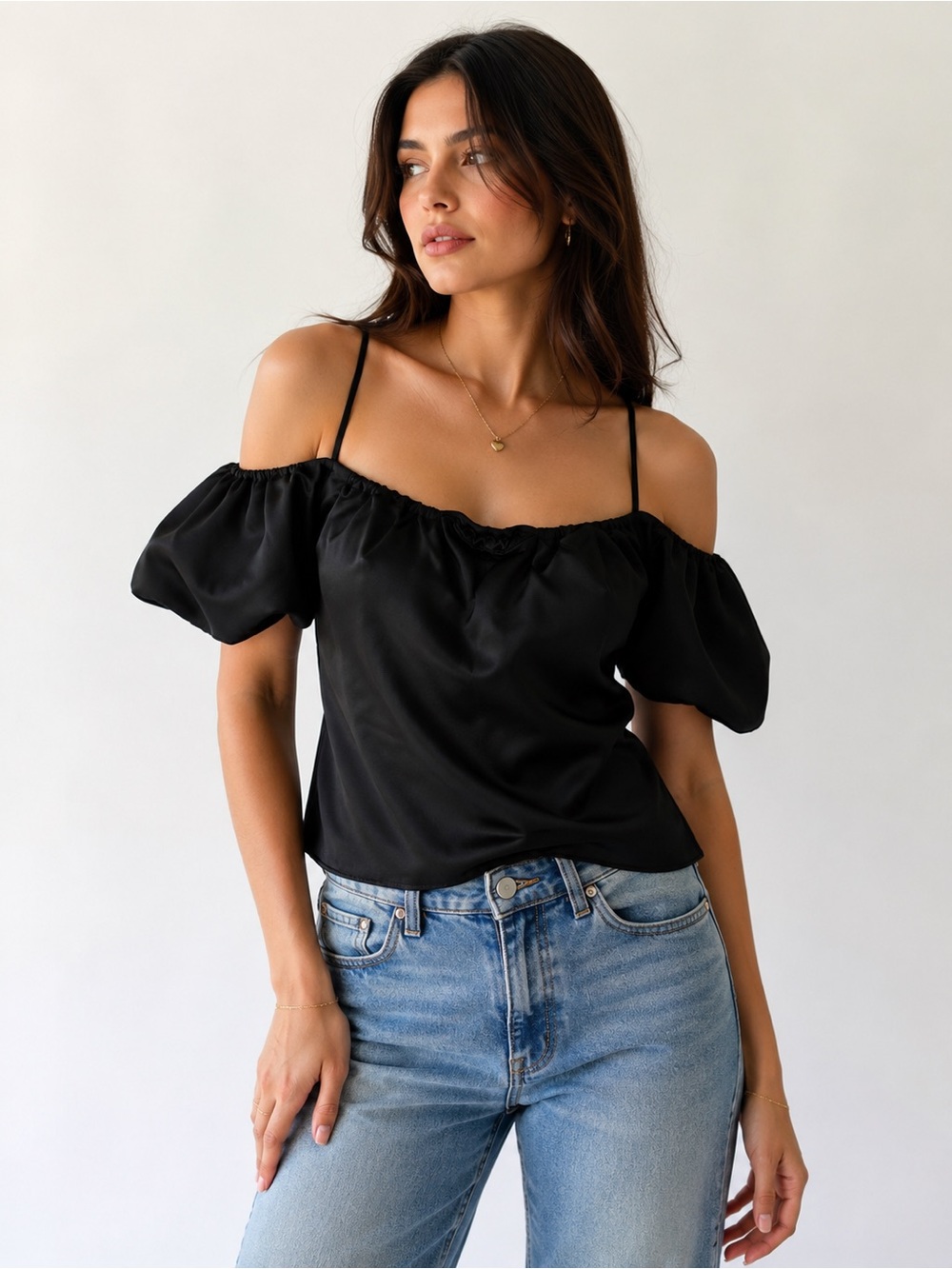 Aritzia Talula Black Satin Puff Sleeve Top XS